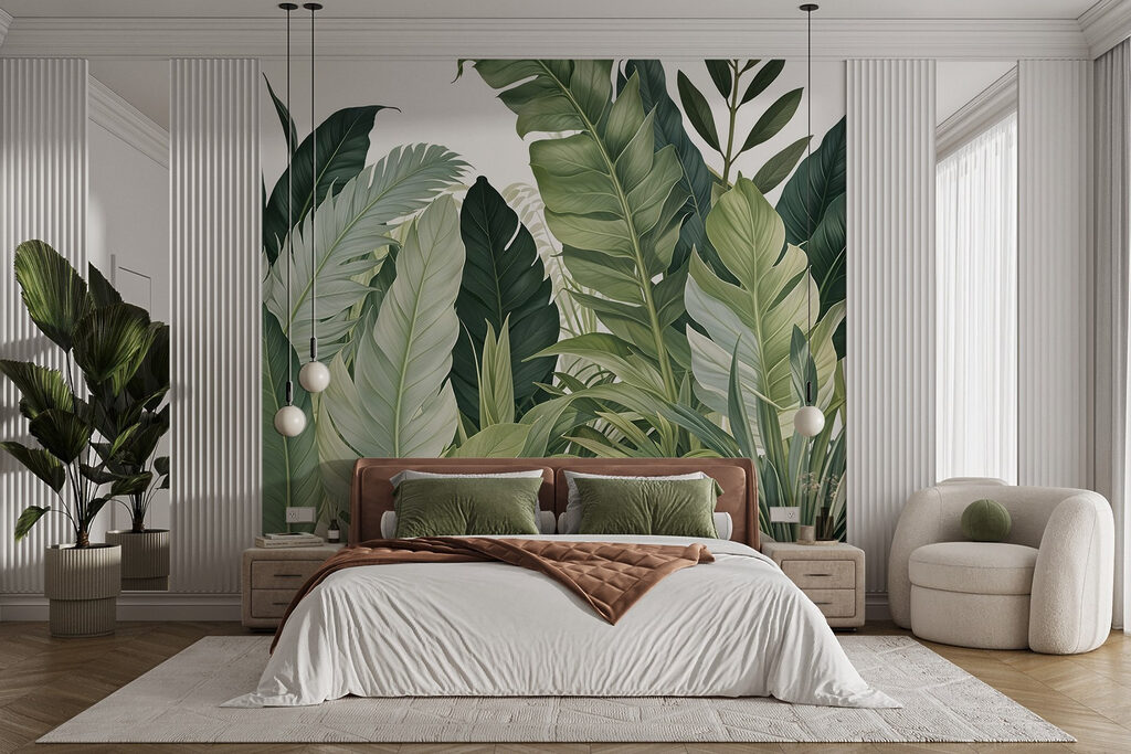 Feuilles tropicales sur blanc dans un intérieur