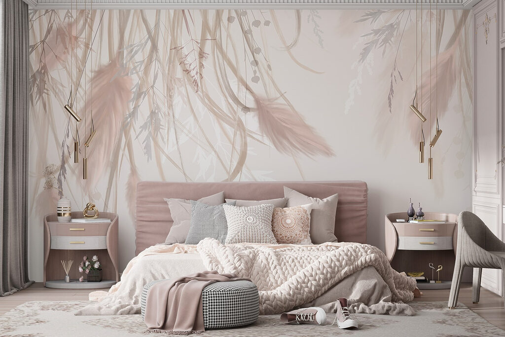 Plumes roses suspendues dans un intérieur