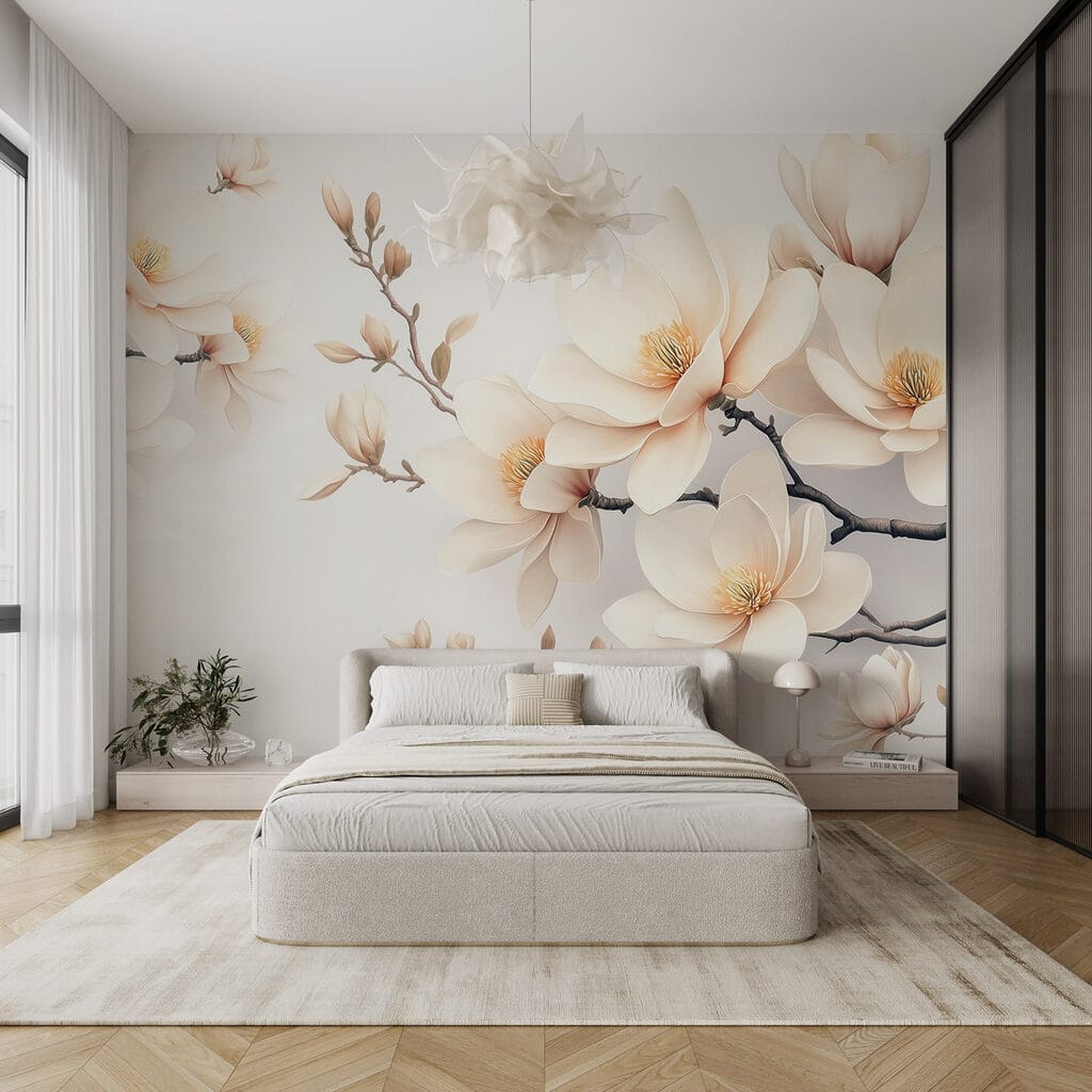 Floraison sur rameaux noirs dans un intérieur