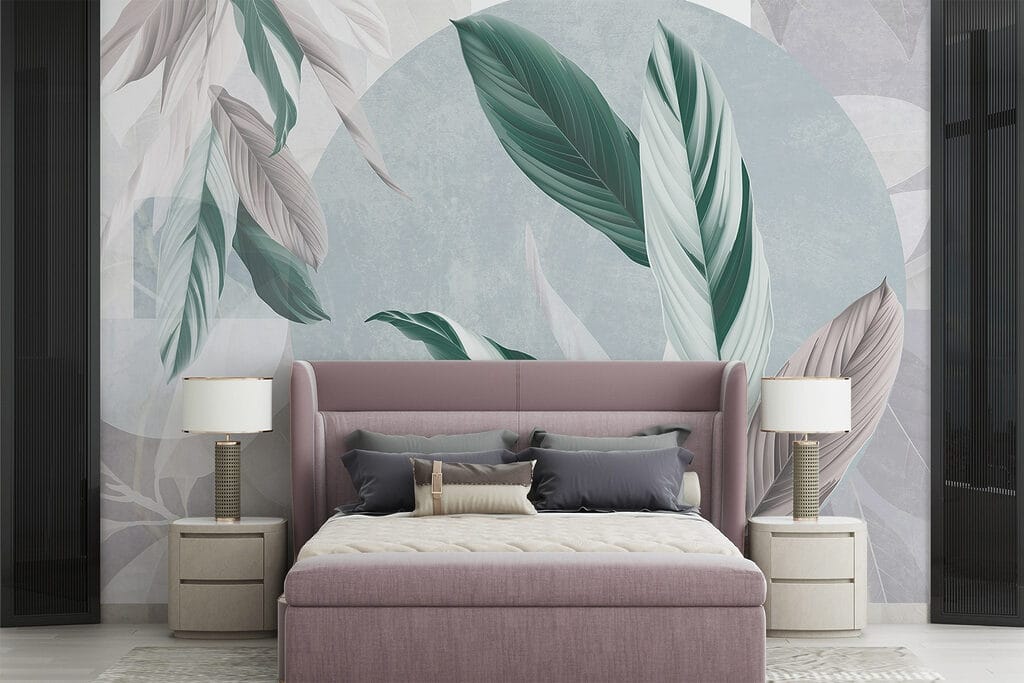 Feuilles sur aplats colorés dans un intérieur