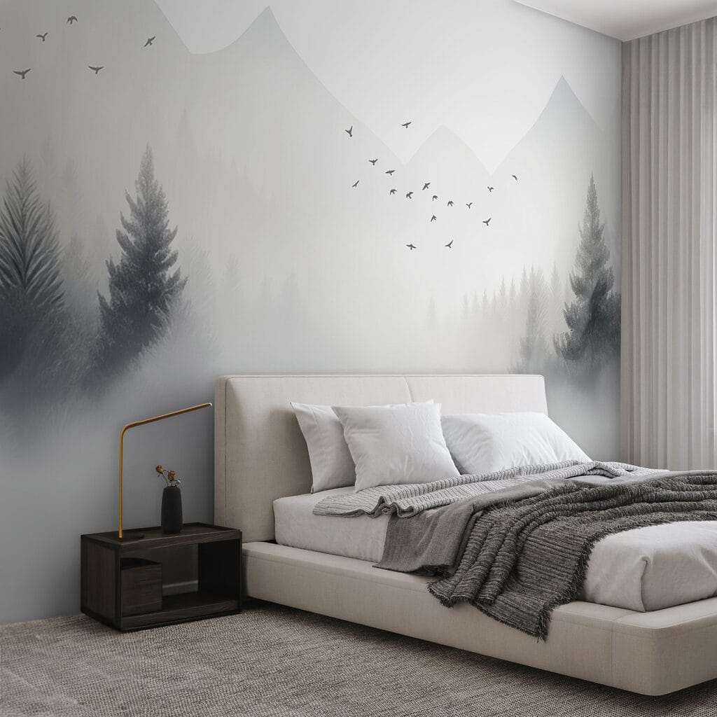 Oiseaux et montagnes paisibles dans un intérieur