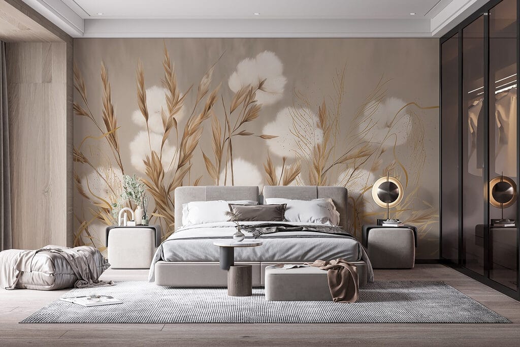 Coton et herbes dorées dans un intérieur
