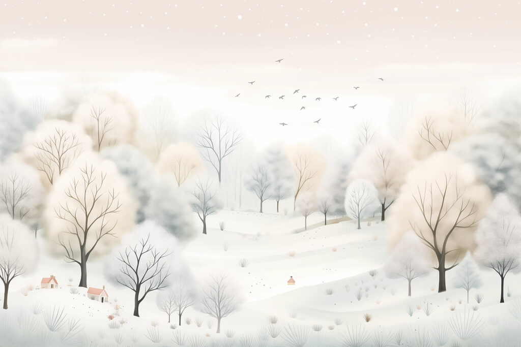 Arbres enneigés et oiseaux — motif complet