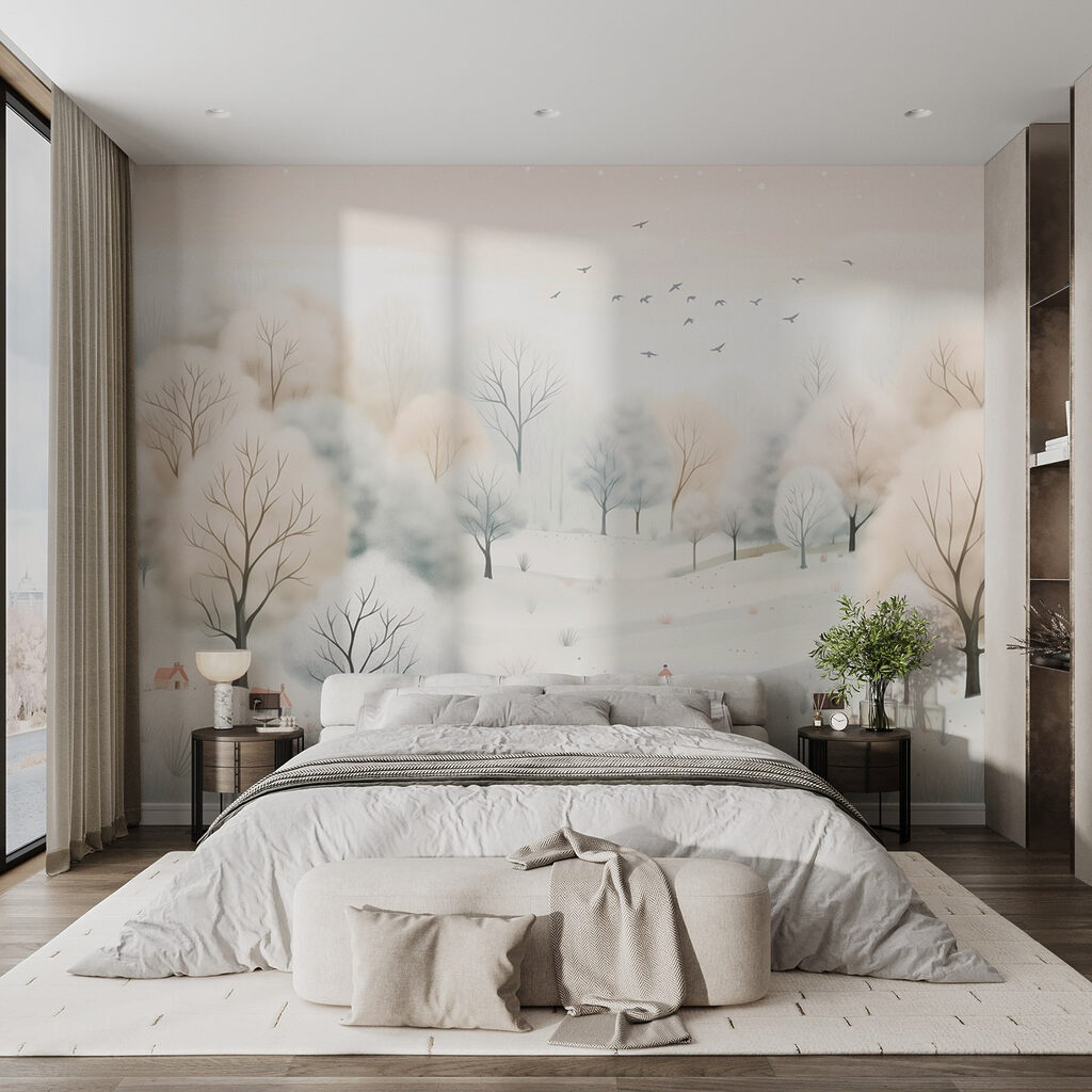Arbres enneigés et oiseaux — intérieur 1