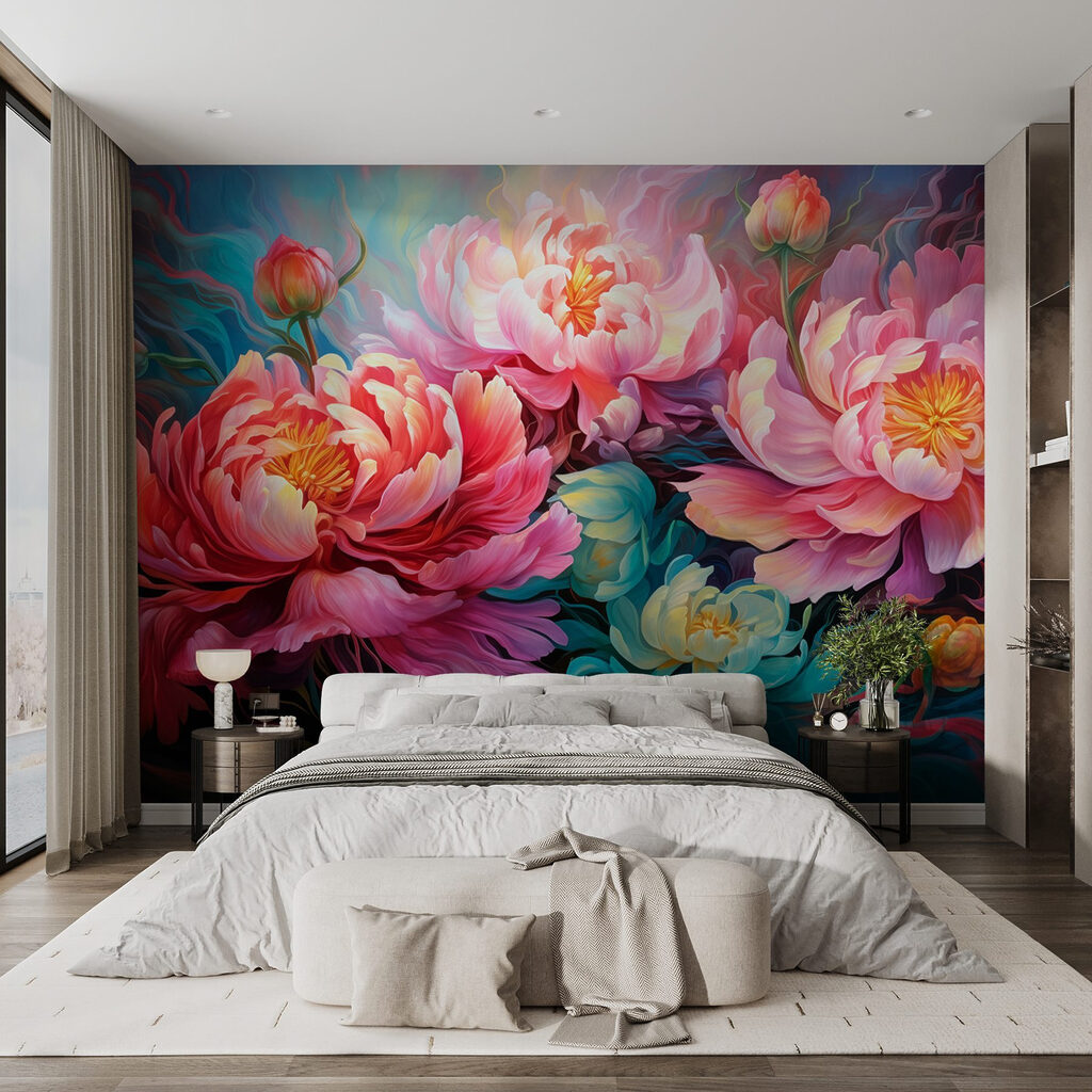 Pivoines aux couleurs tourbillonnantes dans un intérieur