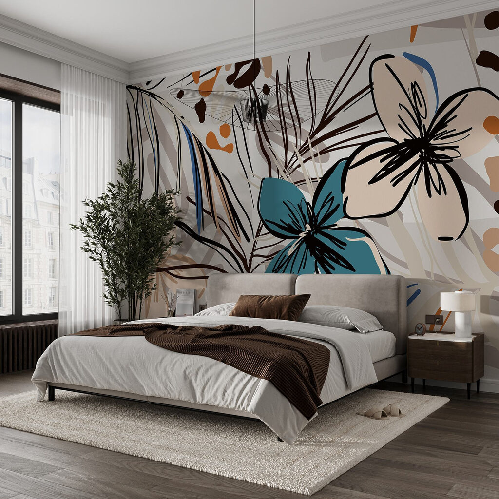 Fleurs tropicales esquissées dans un intérieur