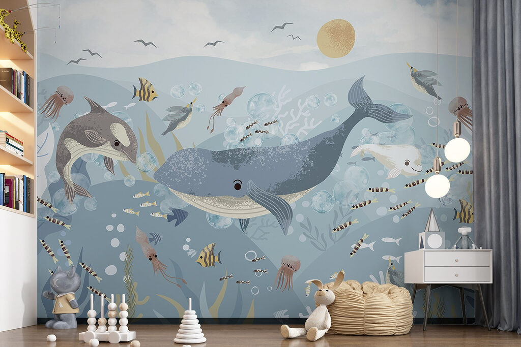 Baleine parmi les poissons dans un intérieur