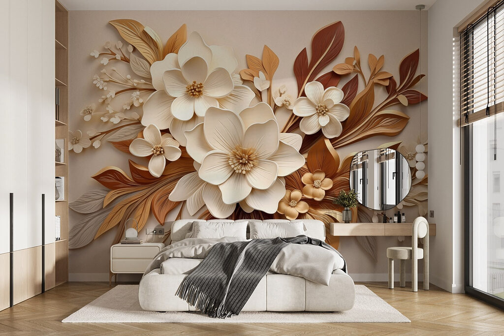 Fleurs et feuilles cuivrées dans un intérieur