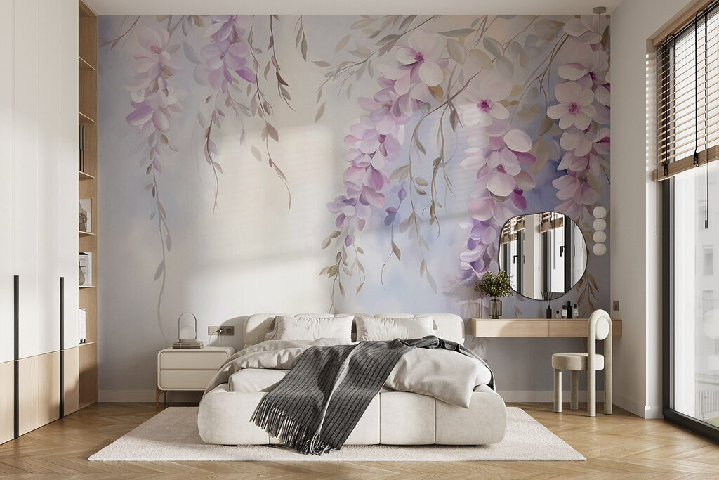 Pluie de fleurs lilas dans un intérieur