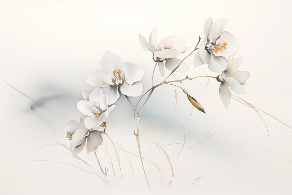 Fleurs blanches, brins dorés — motif complet