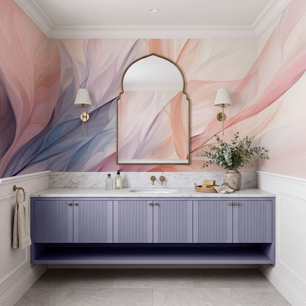 Éventail bleu et rose dans un intérieur