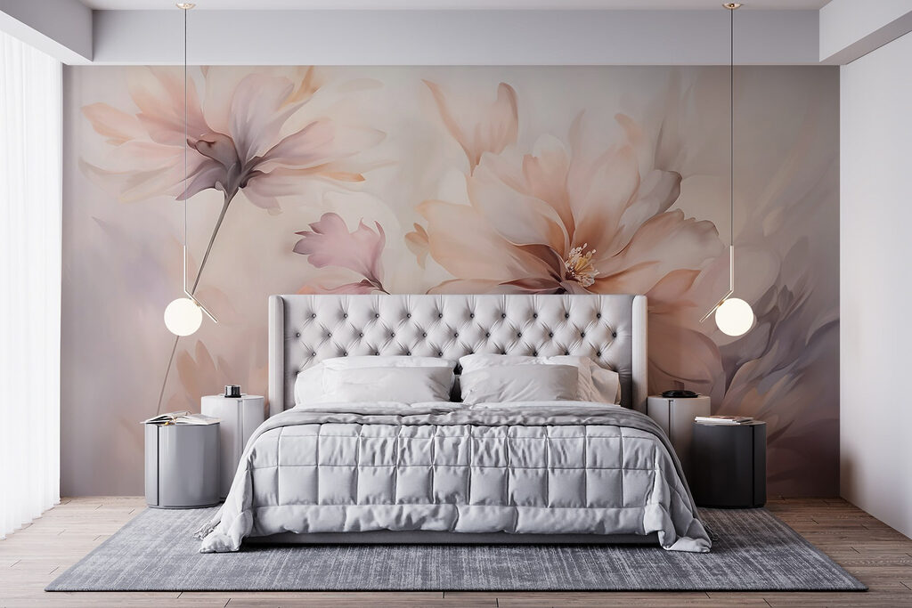 Fleurs pêche et gris dans un intérieur