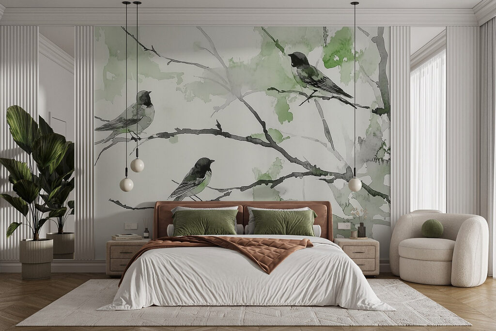 Oiseaux parmi les branches dans un intérieur