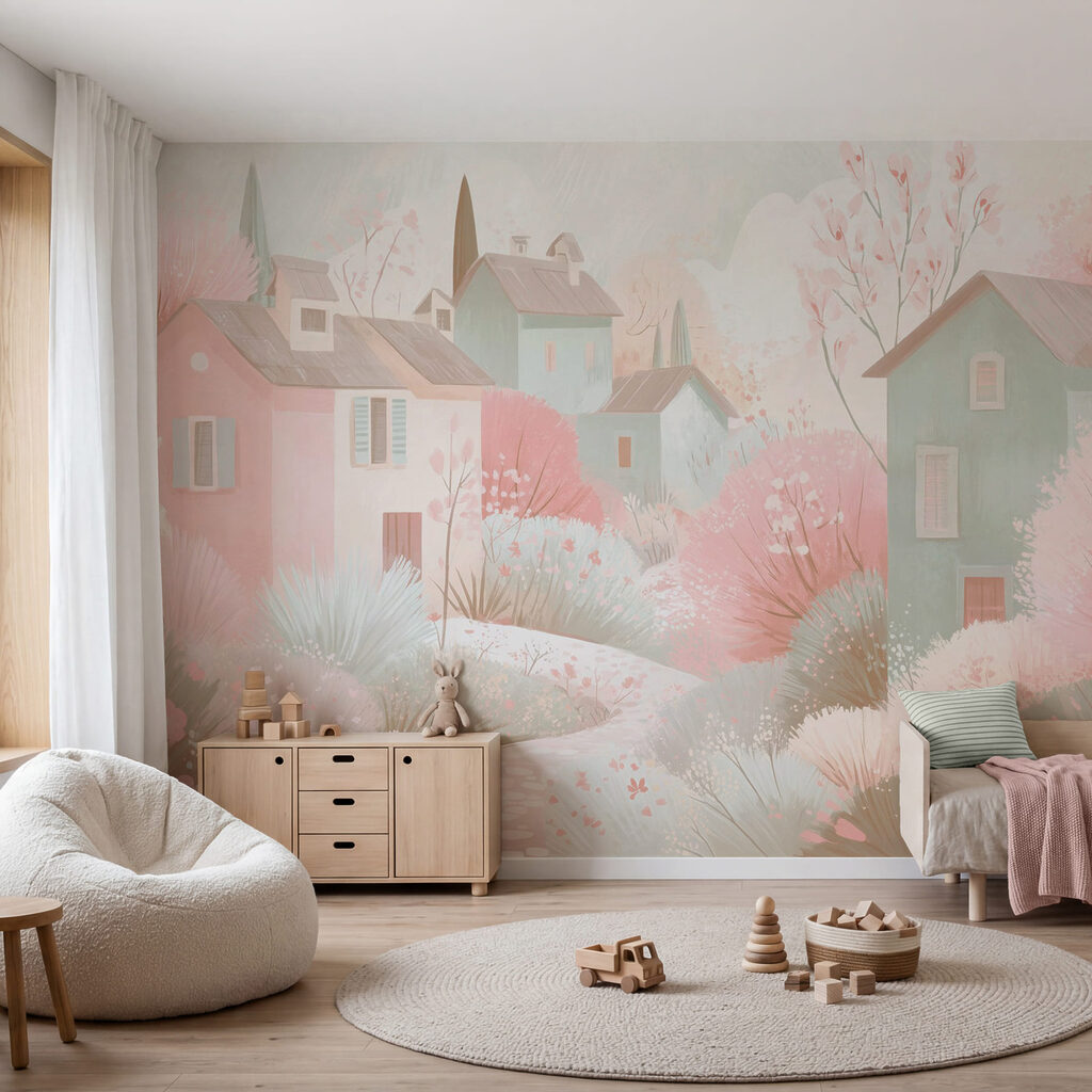 Village pastel en fleurs dans un intérieur