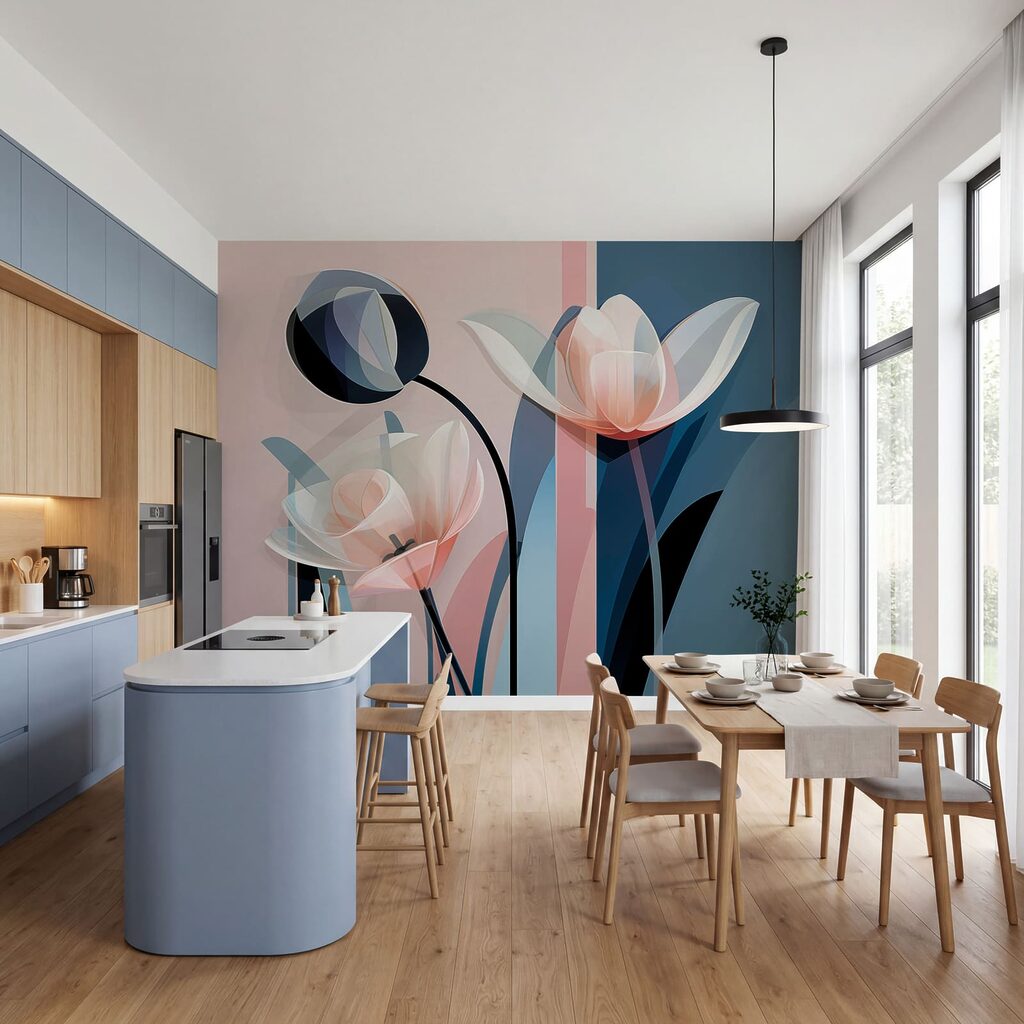 Corolles roses sur aplats dans un intérieur