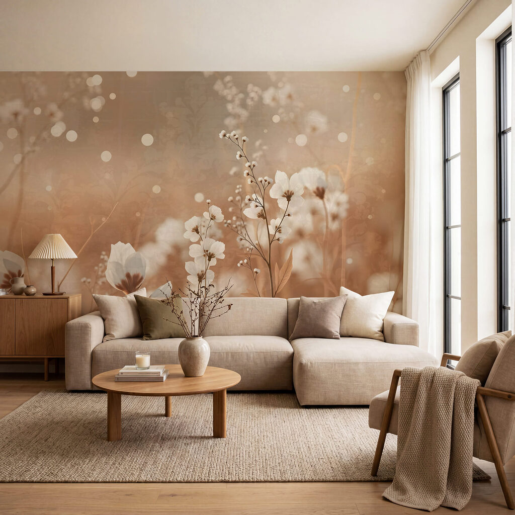 Fleurs blanches, halo ambré dans un intérieur