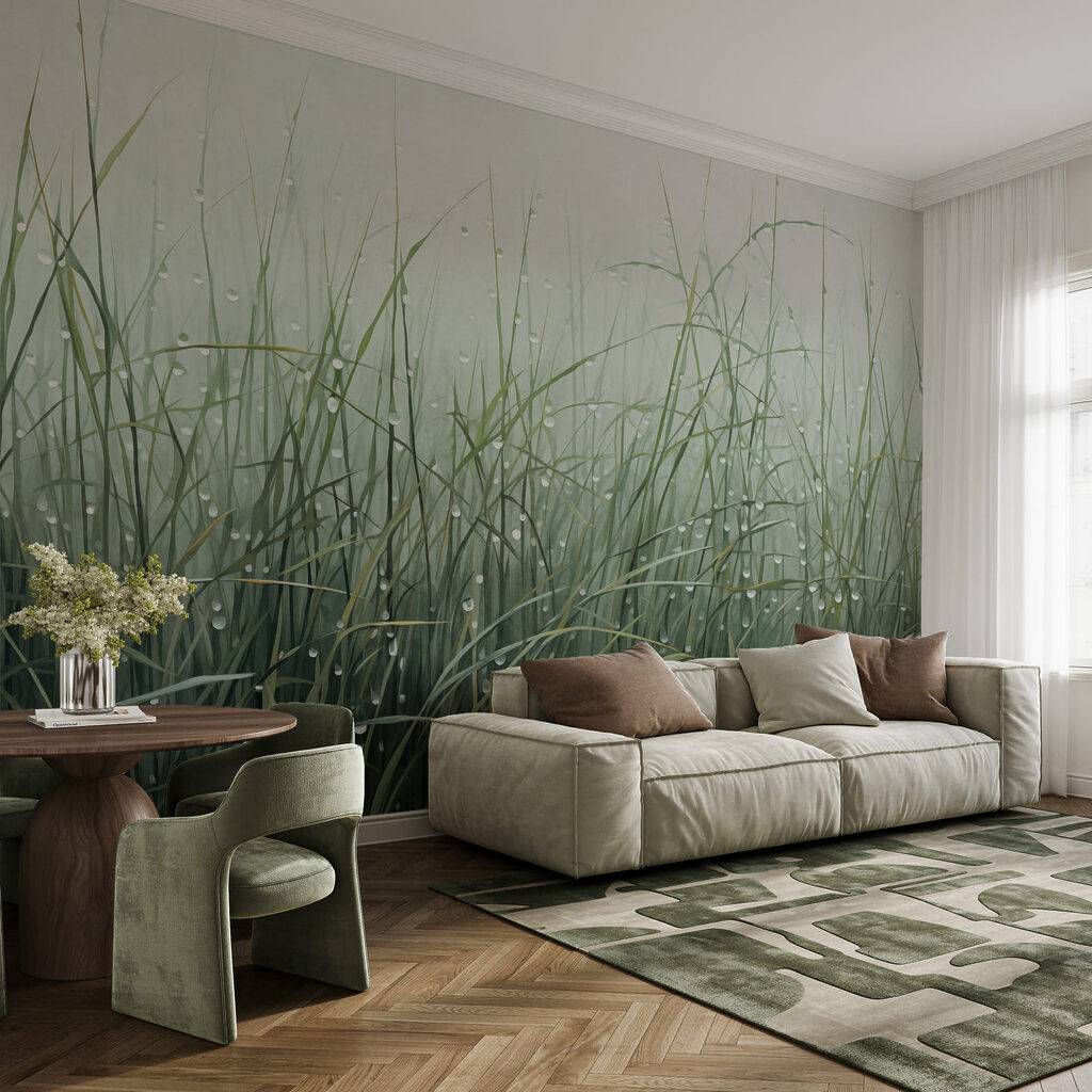 Herbes perlées de rosée dans un intérieur