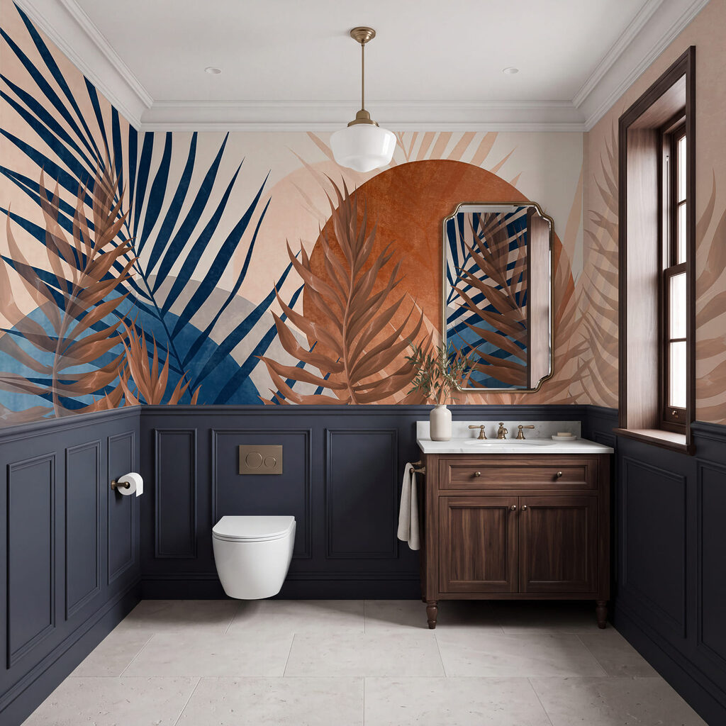 Palmes et soleil cuivré dans un intérieur