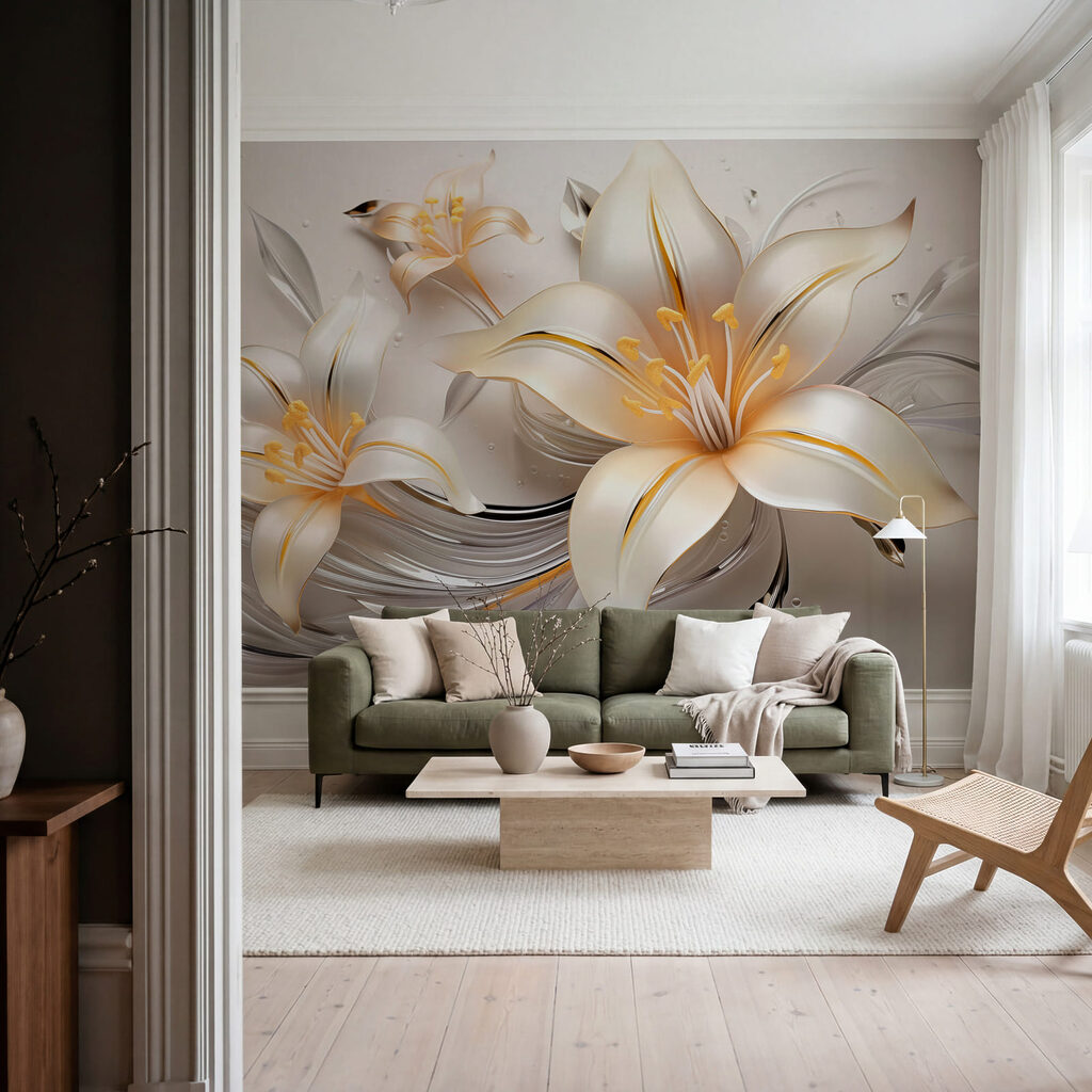 Lys blancs liserés d’or dans un intérieur