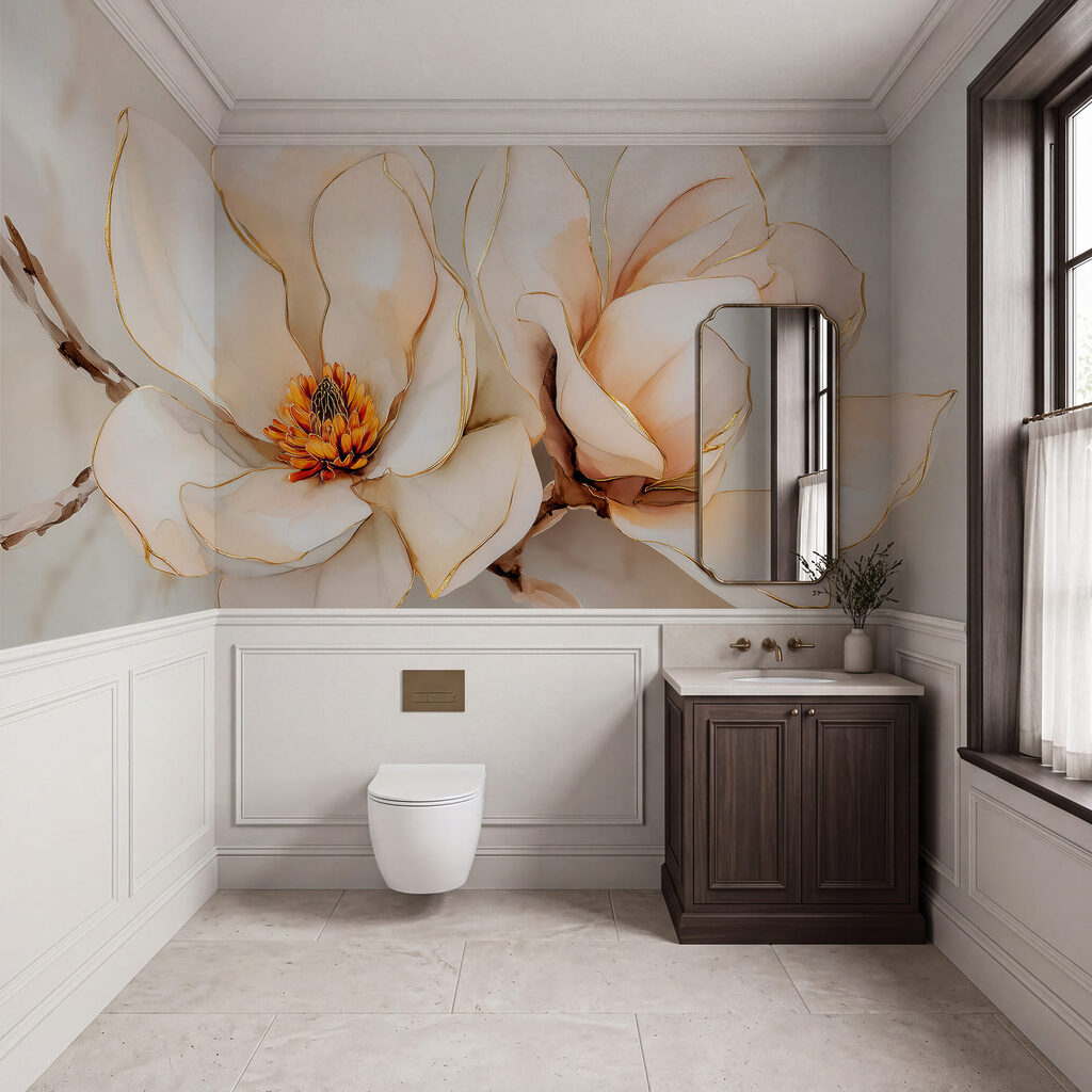 Deux fleurs, traits dorés dans un intérieur