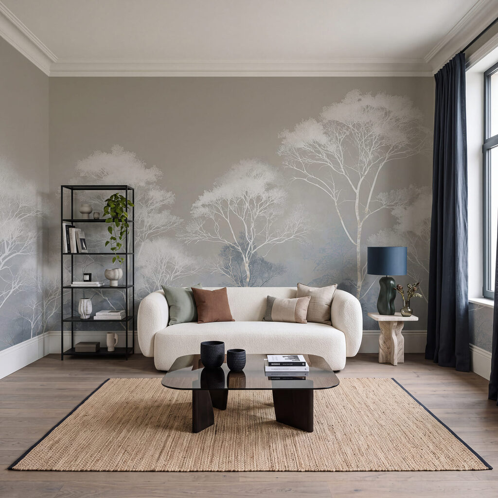 Cimes blanches, brume bleue dans un intérieur