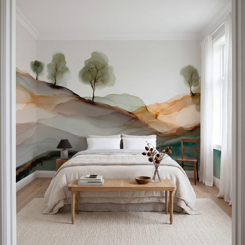 Arbres sur collines colorées dans un intérieur