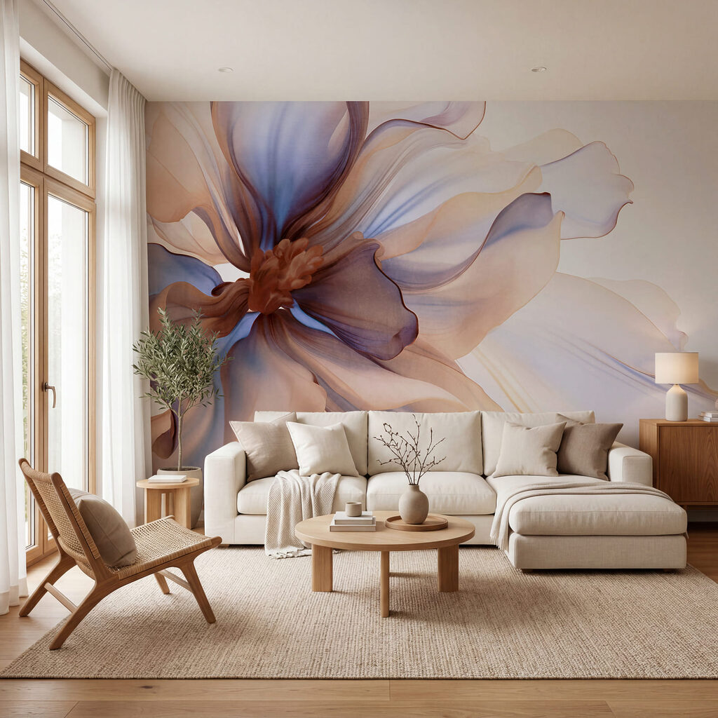 Pétales bleu et caramel dans un intérieur